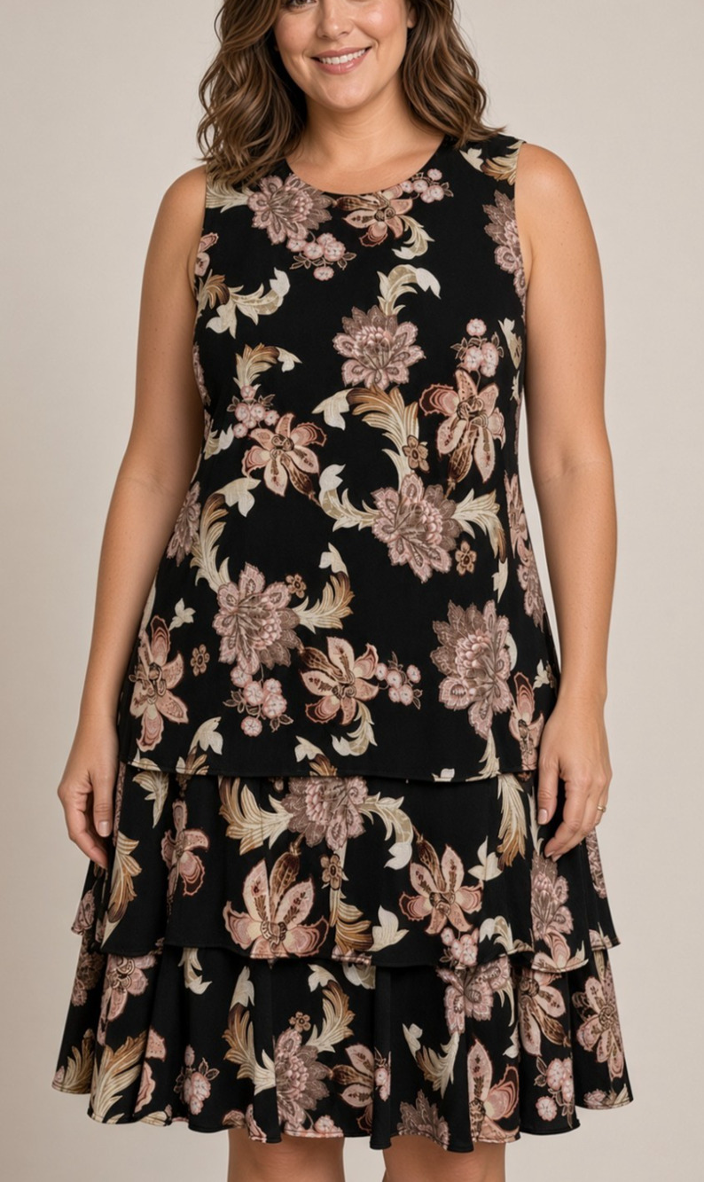 Lauren Ralph Lauren Womens 16 Black Floral Tiered Sleeveless Shift Dress Plus